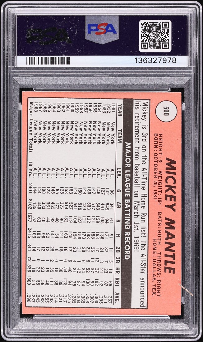 1969 Topps Mickey Mantle YELLOW LAST NAME #500 PSA 7 NRMT