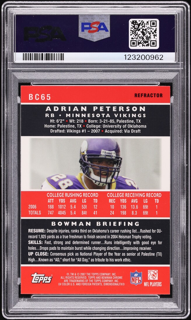 2007 Bowman Chrome Refractor Adrian Peterson ROOKIE #BC65 PSA 9 MINT