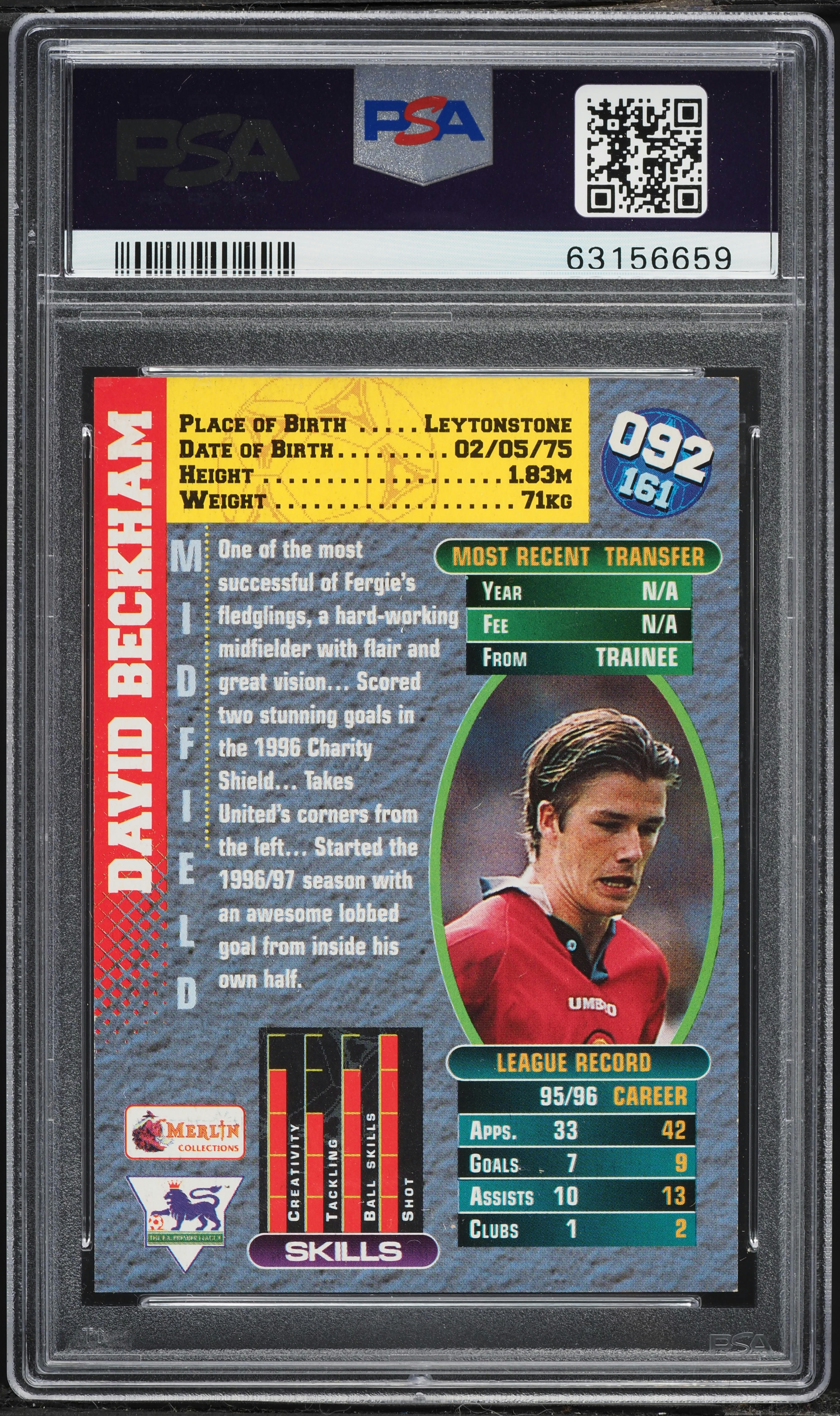 1996 Merlin Premier Gold David Beckham ROOKIE #92 PSA 8 NM-MT on
