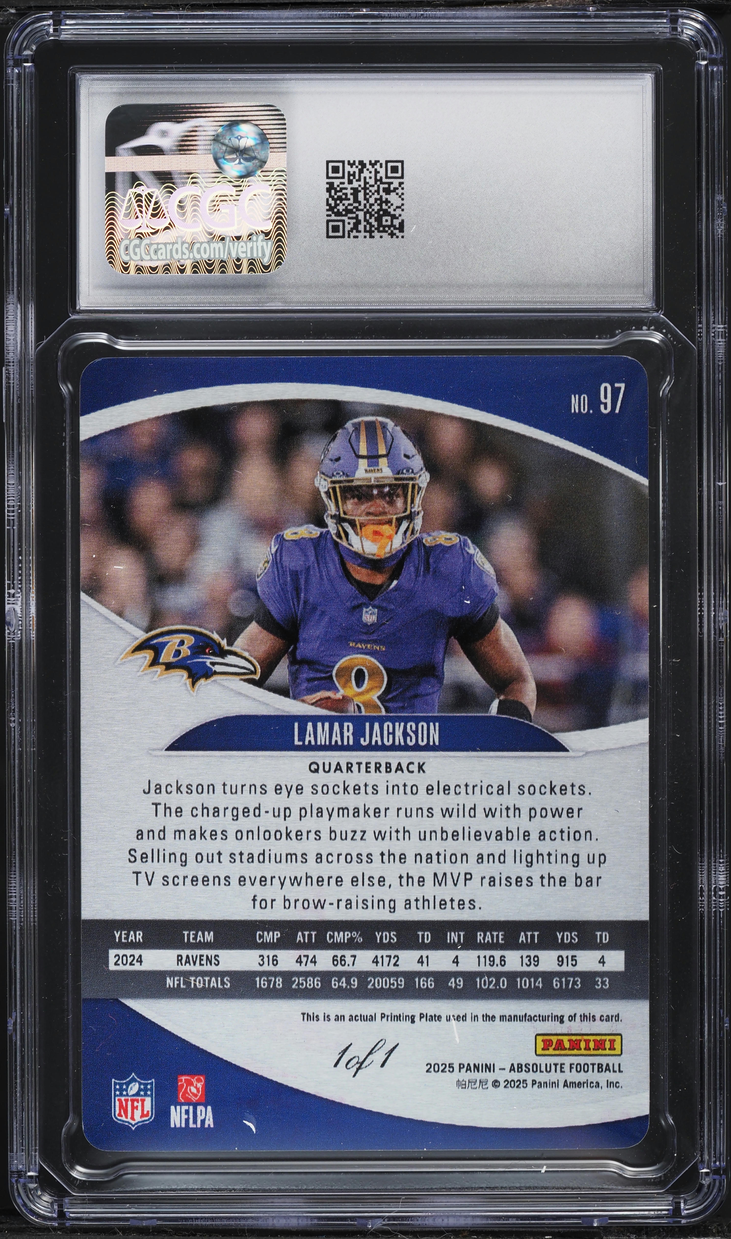 2025 Absolute Magenta Printing Plate Lamar Jackson 1/1 #97 CGC 7.5