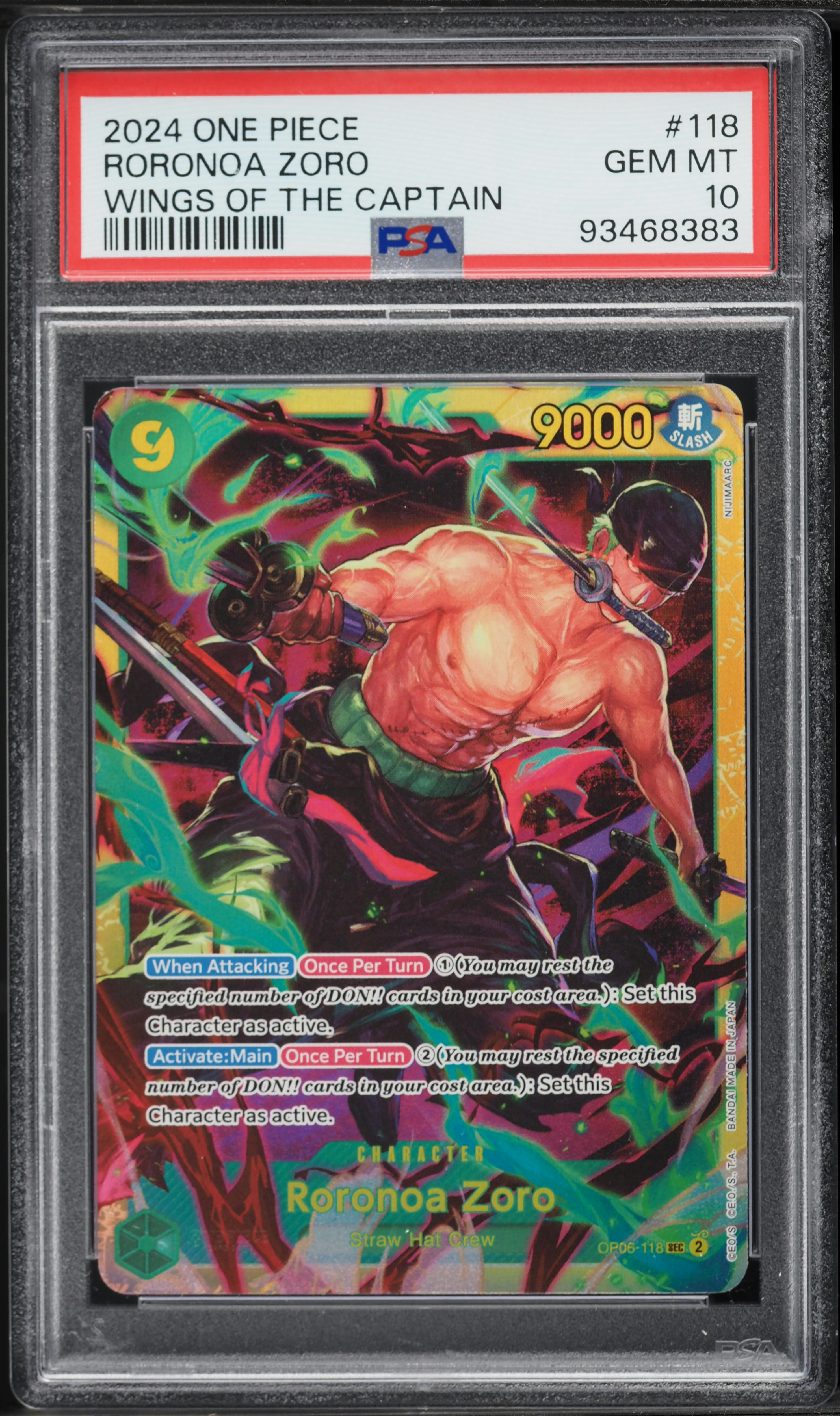 2024 One Piece Wings Of The Captain SEC Roronoa Zoro #OP06-118 PSA