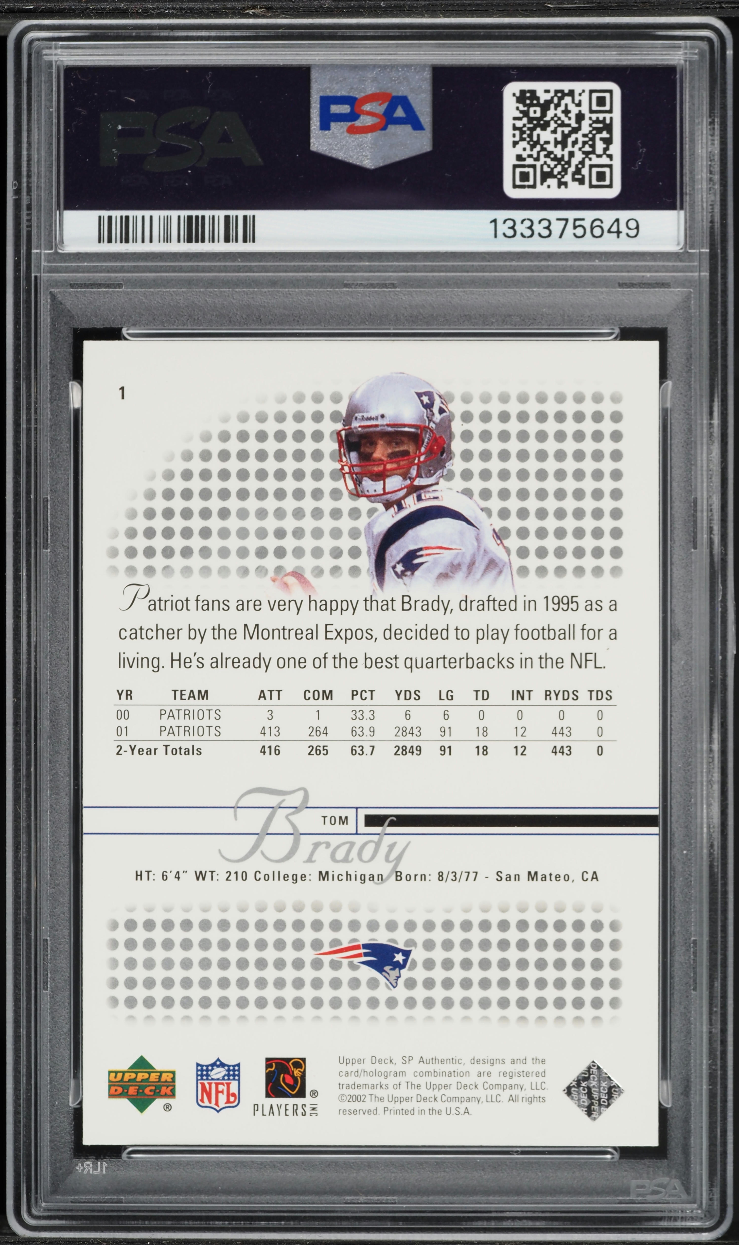 2002 SP Authentic Tom Brady #1 PSA 9 MINT on Fanatics Collect