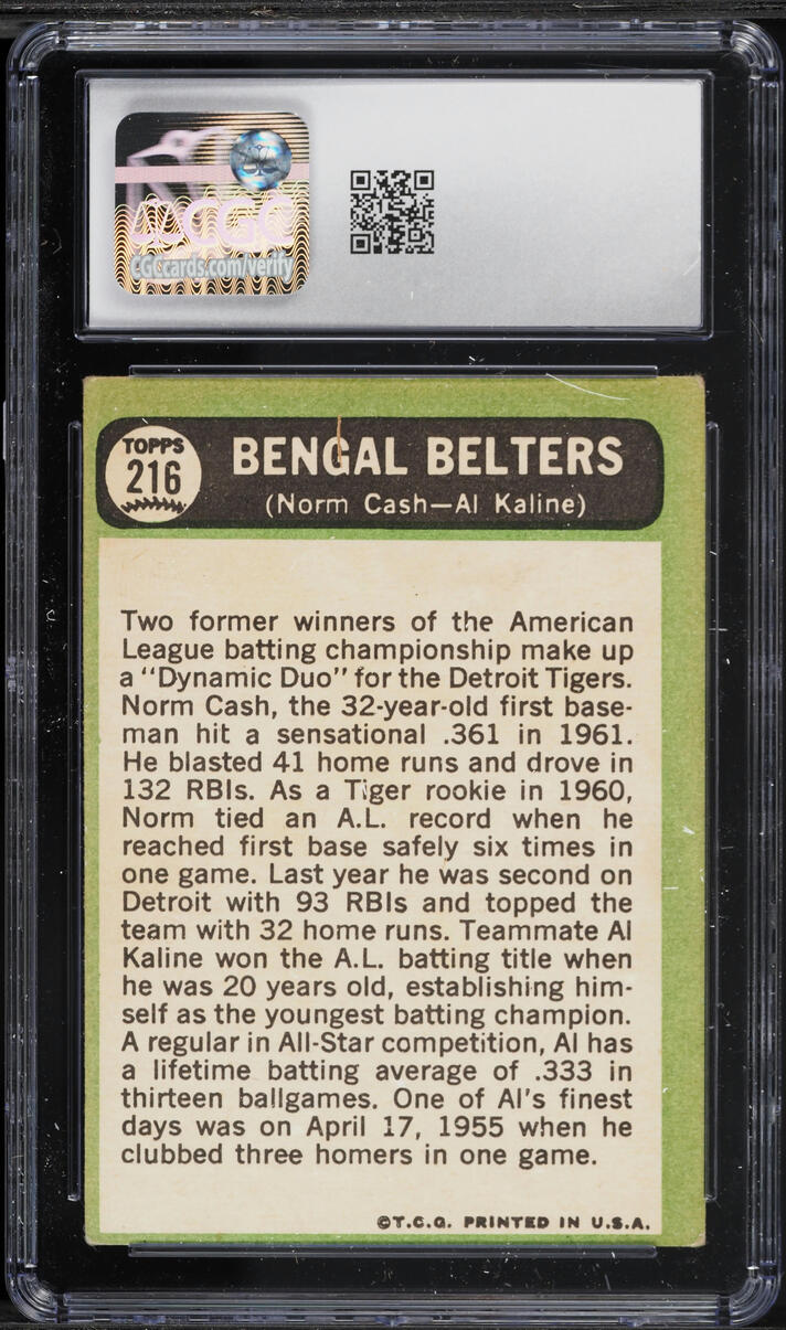 1967 Topps Norm Cash & Al Kaline BENGAL BELTERS #216 CGC 3 VG
