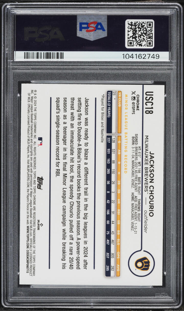 2024 Topps Chrome Update Raywave Refractor Jackson Chourio ROOKIE #USC18 PSA 9 MINT