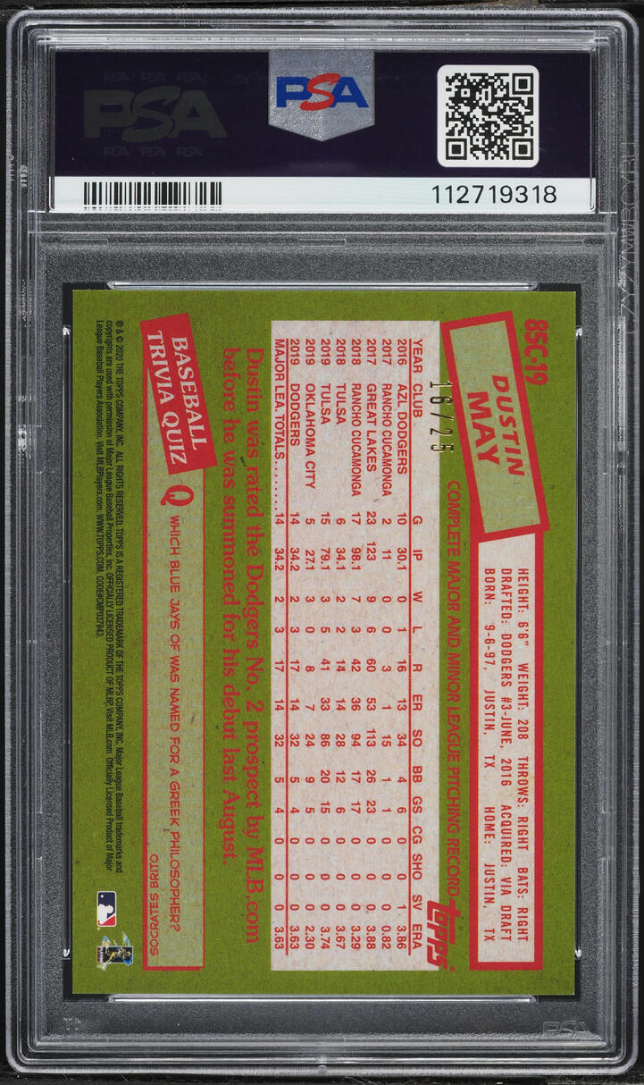 2020 Topps Silver Pack '85 Promo Orange Refractor Dustin May ROOKIE /25 #85C-19 PSA 9 MINT