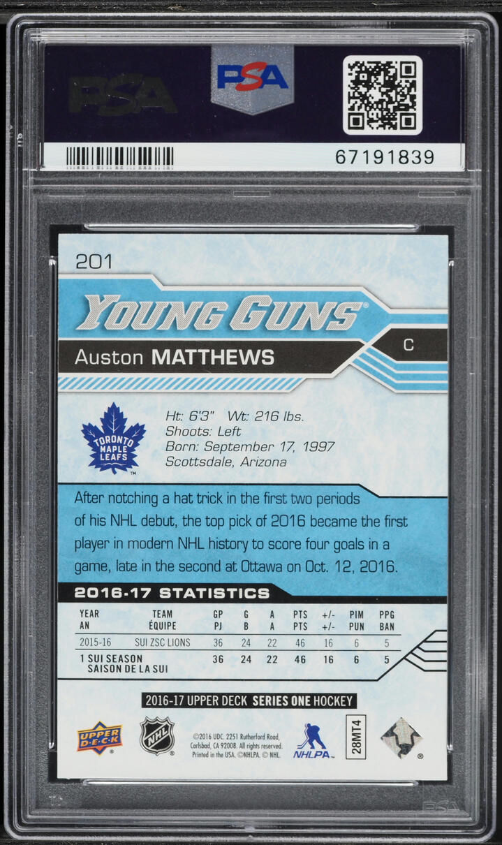 2016 Upper Deck Young Guns Auston Matthews ROOKIE #201 PSA 10 GEM MINT
