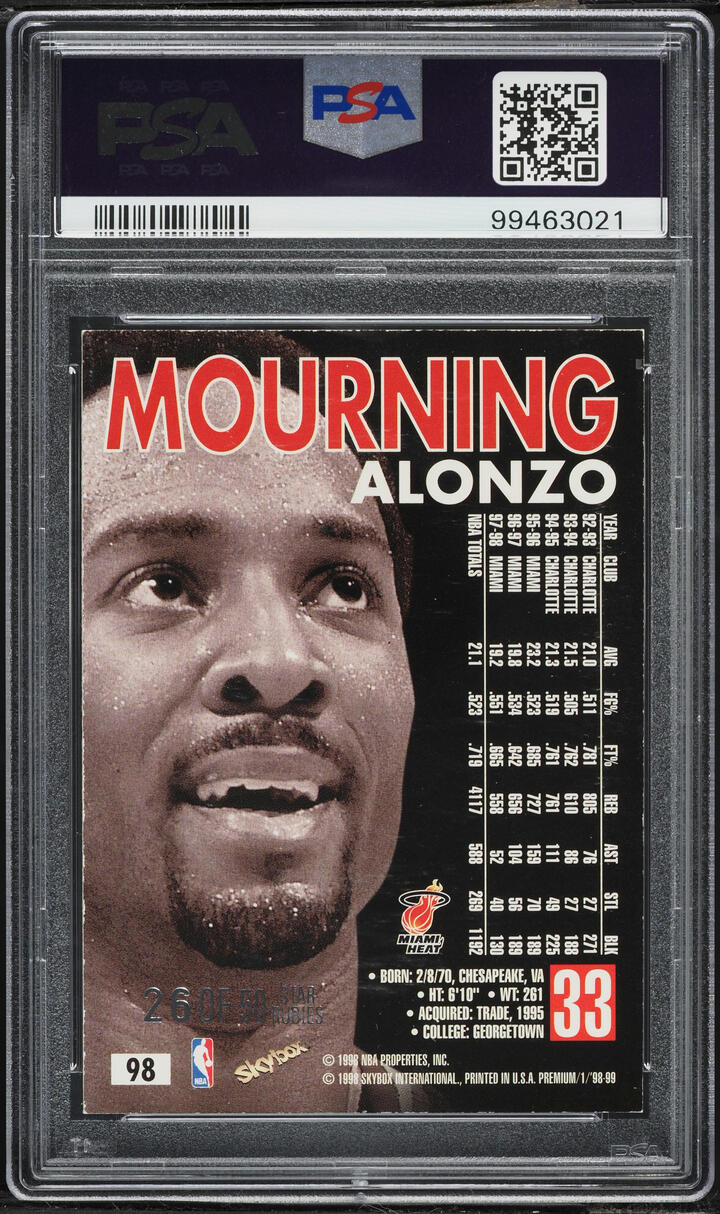 1998 Skybox Premium Star Rubies Alonzo Mourning /50 #98 PSA 7 NRMT