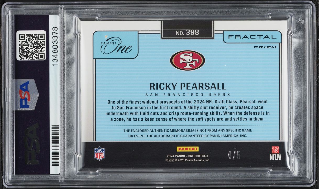 2024 Panini One Fractal Logo Ricky Pearsall ROOKIE NIKE PATCH AUTO /5 #398 PSA 9 MINT