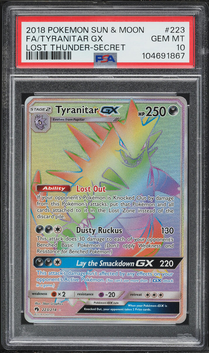 2018 Pokemon Sun & Moon Lost Thunder Rainbow Rare Tyranitar GX #223 PSA 10 GEM MINT
