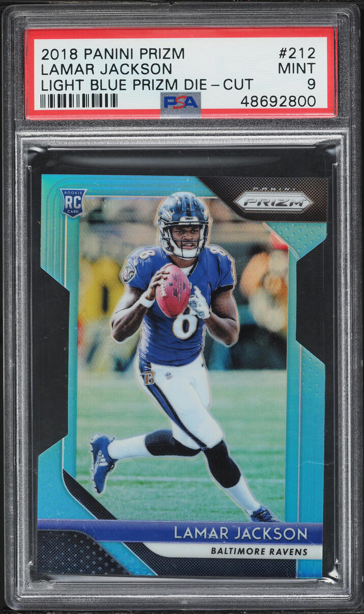 2018 Panini Prizm Light Blue Die-Cut Lamar Jackson ROOKIE /199 #212 PSA 9 MINT
