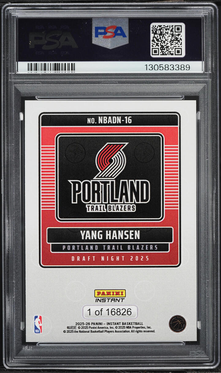 2025 Panini Instant NBA Draft Night Yang Hansen ROOKIE /16826 #NBADN-16 PSA 10 GEM MINT