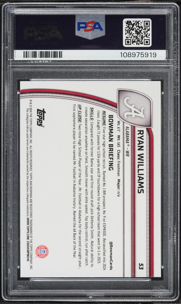 2024 Bowman Chrome University Sapphire Ryan Williams ROOKIE #53 PSA 10 GEM MINT