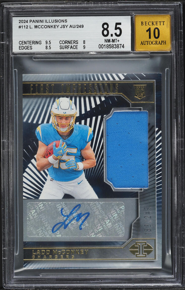 2024 Panini Illusions Ladd McConkey ROOKIE PATCH AUTO /249 #112 BGS 8.5 NM-MT+