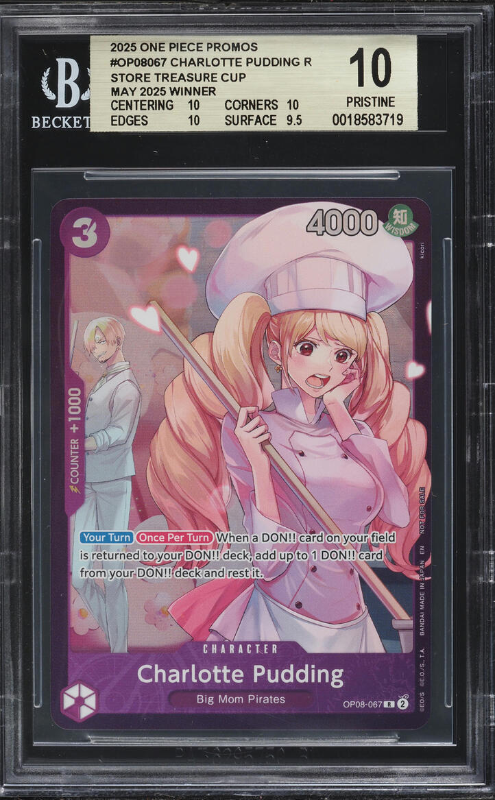 2025 One Piece Promo Store Treasure Cup May Winner Charlotte Pudding #OP08-067 BGS 10 PRISTINE