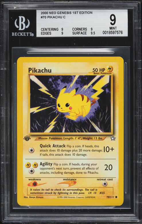 pikachu pokemon card 70/111  Pokmon   Neo Genesis 2000  CGG 8 Near Mint Protected in magnetic acrylic case and featuring a striking image of the captivating character 2000 Pokemon Neo Genesis 1st