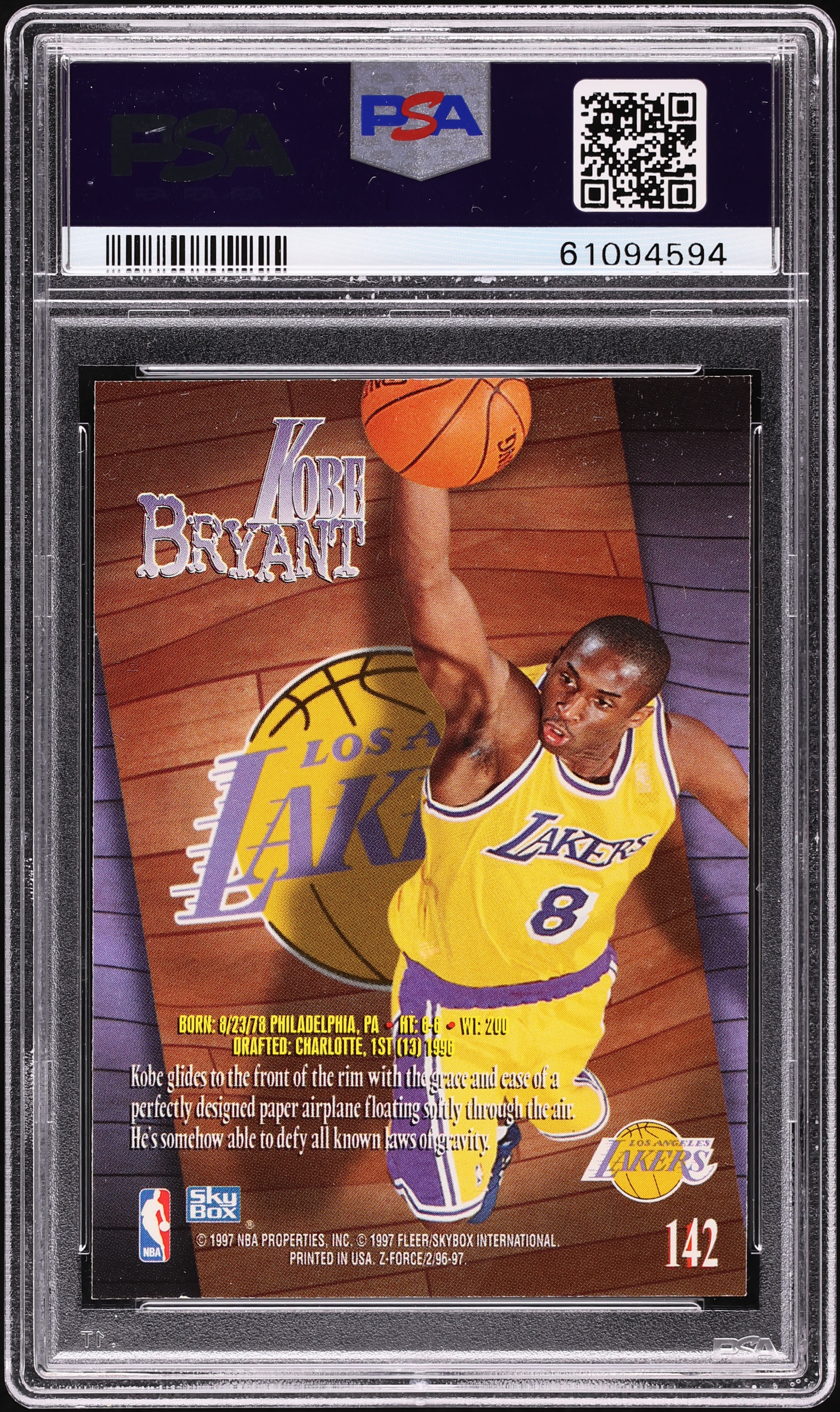 1996 Skybox Z-Force Kobe Bryant ROOKIE #142 PSA 9 MINT on Fanatics