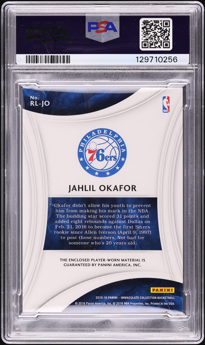 2015 Immaculate Collection Jahlil Okafor ROOKIE LOGOMAN PATCH 1/5 #RL-JO PSA 8 NM-MT
