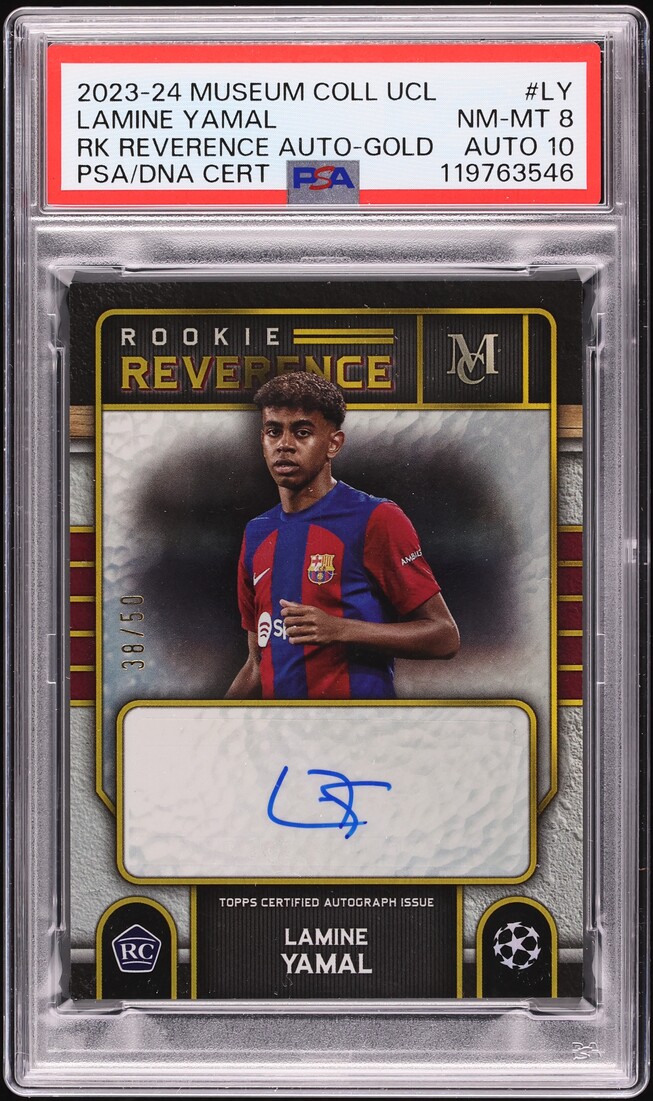 2023 Topps Museum Collection UCL Rookie Reverence Gold Lamine Yamal RC AUTO DNA 10 /50 PSA 8