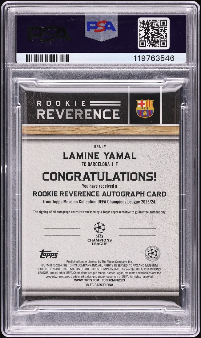 2023 Topps Museum Collection UCL Rookie Reverence Gold Lamine Yamal RC AUTO DNA 10 /50 PSA 8
