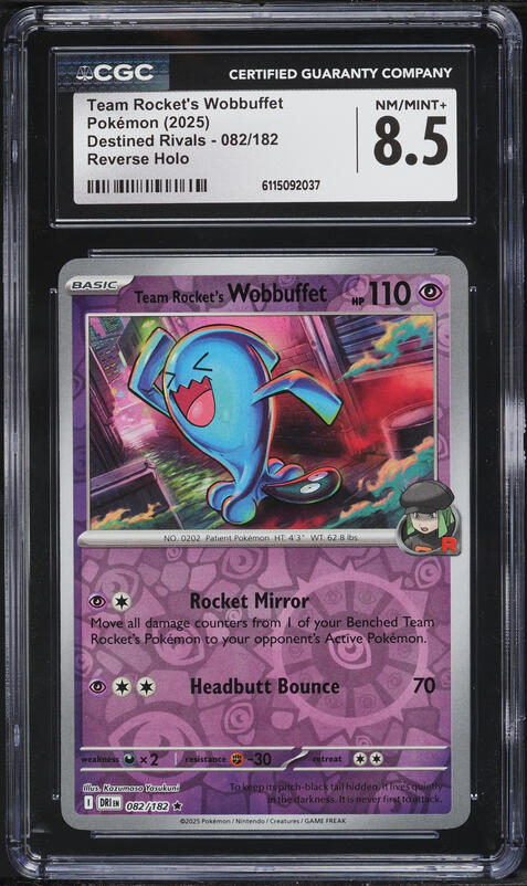 2025 Pokemon SV Destined Rivals Reverse Holo Team Rocket's Wobbuffet #082 CGC 8.5 NM-MT+