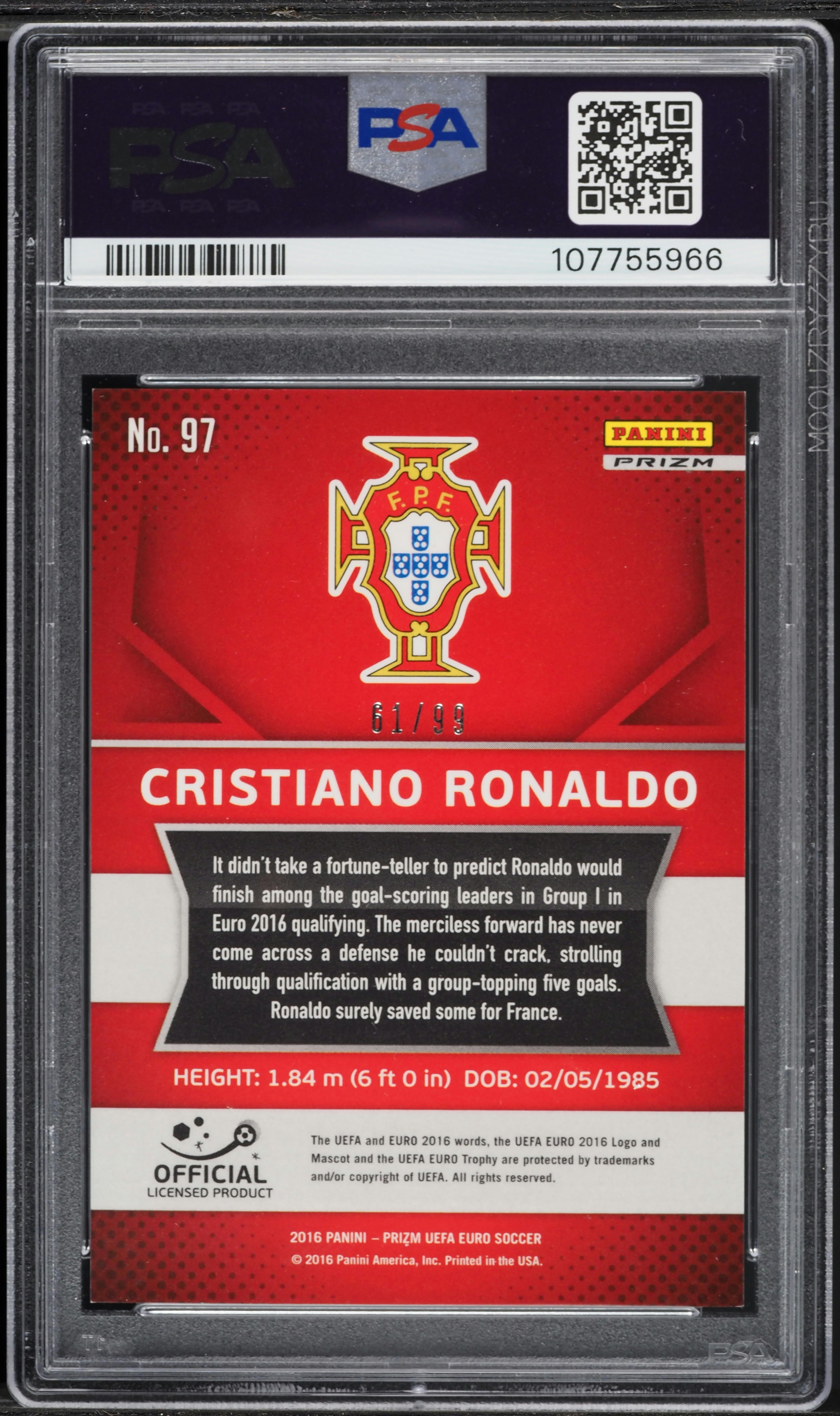 2016 Panini Prizm UEFA Purple Cristiano Ronaldo /99 #97 PSA 8 NM 