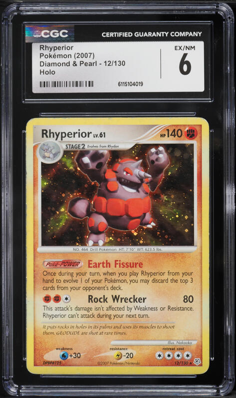 2007 Pokemon Diamond & Pearl Holo Rhyperior #12 CGC 6 EXMT