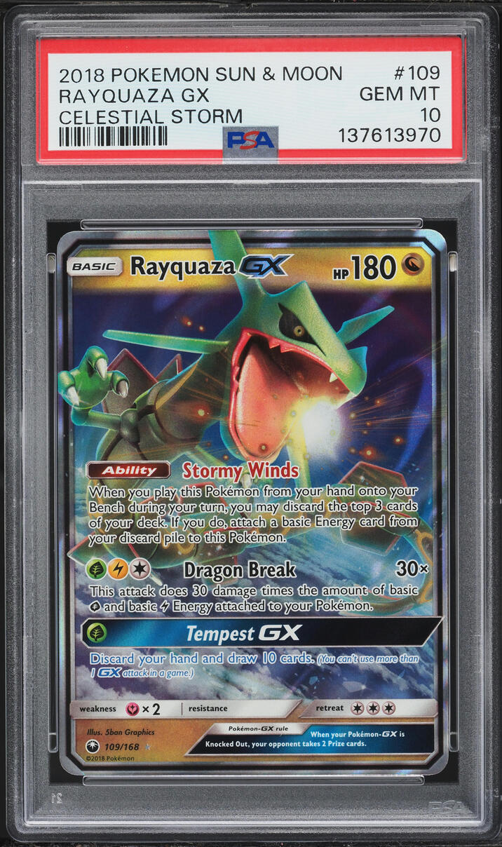 2018 Pokemon Sun & Moon Celestial Storm Rayquaza GX #109 PSA 10 GEM MINT