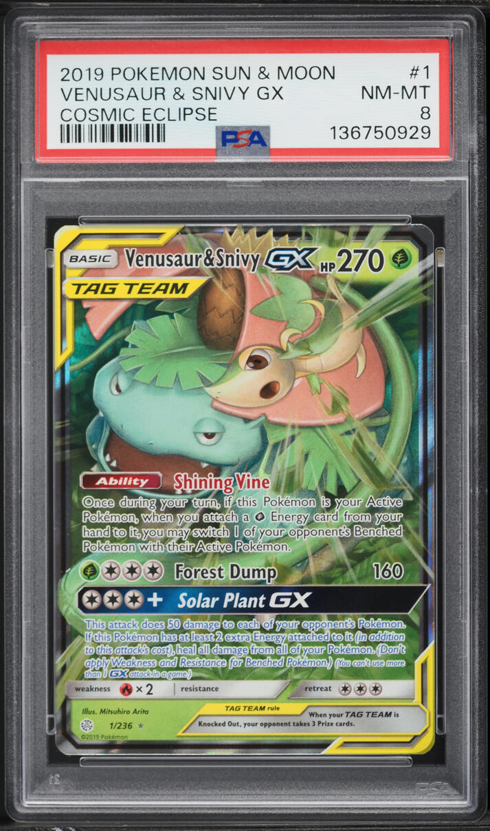 2019 Pokemon Sun & Moon Cosmic Eclipse Holo Venusaur & Snivy GX #1 PSA 8 NM-MT