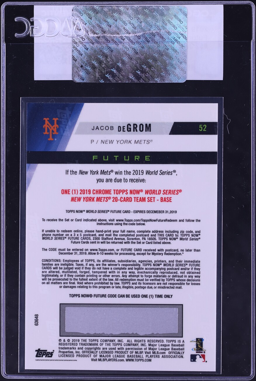 2019 Topps Now Future World Series Winner Jacob DeGrom #52 CGC AUTH