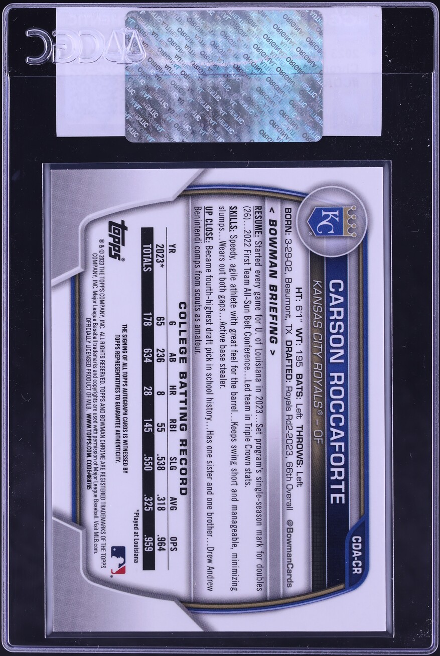 2023 Bowman Chrome Draft Carson Roccaforte PROSPECT AUTO #CDA-CR CGC AUTH