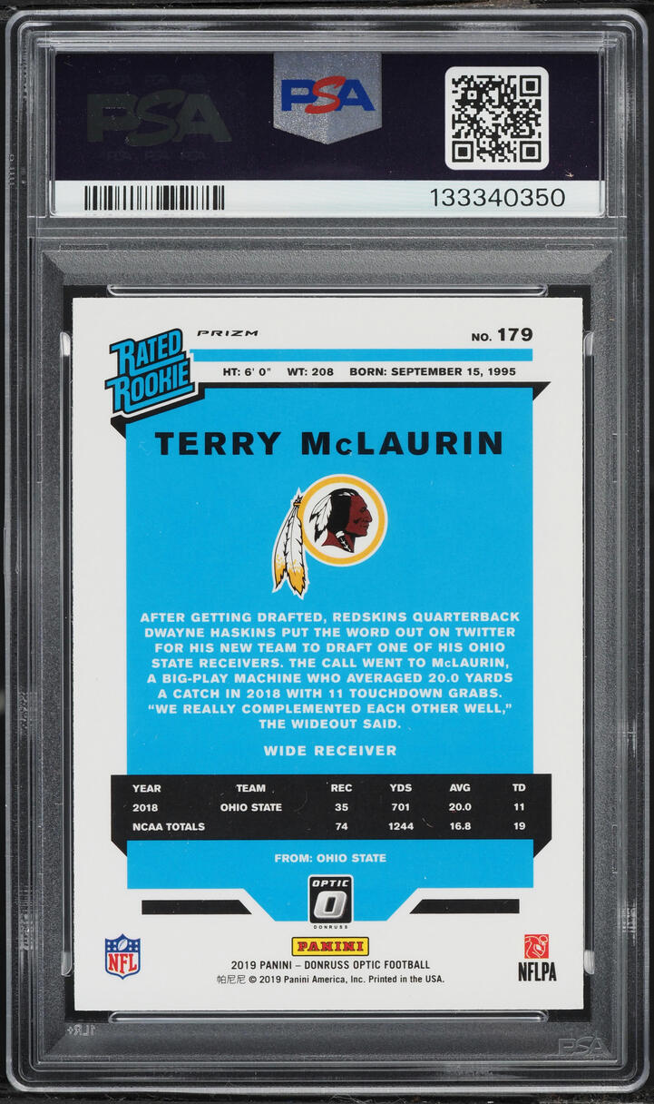 2019 Donruss Optic Holo Terry McLaurin ROOKIE #179 PSA 10 GEM MINT