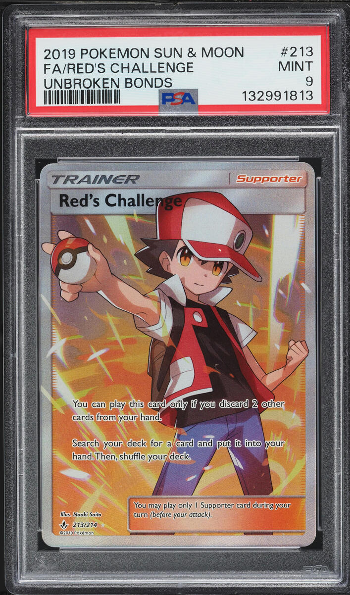 2019 Pokemon Sun & Moon Unbroken Bonds Full Art Red's Challenge #213 PSA 9 MINT