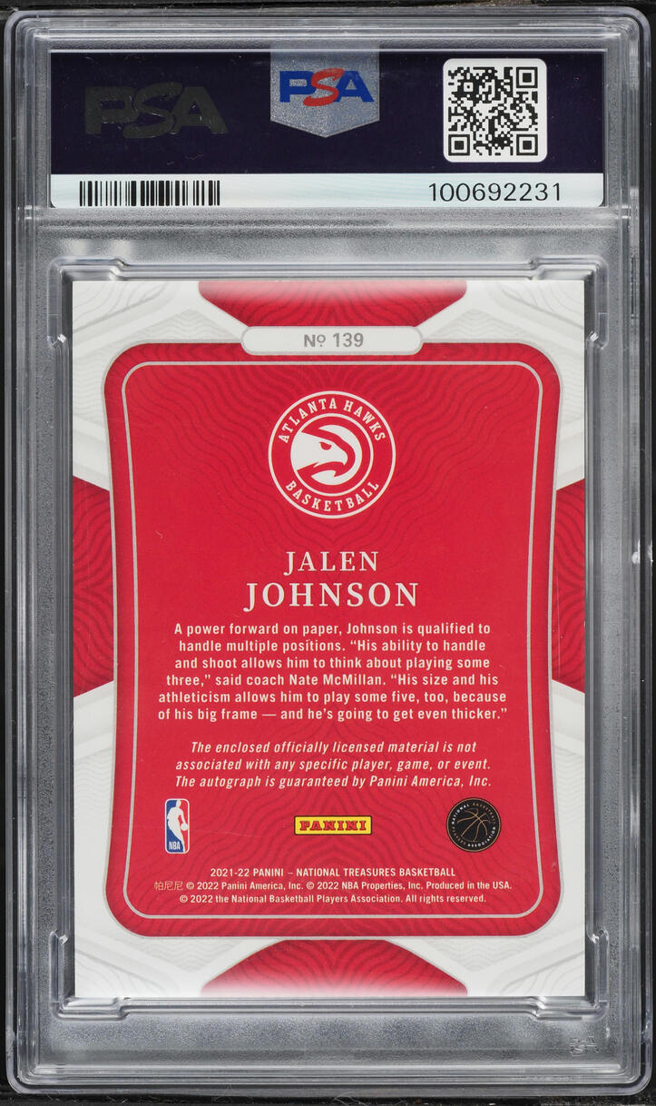 2021 National Treasures Jalen Johnson ROOKIE PATCH AUTO DNA 10 /99 #139 PSA 8 NM-MT