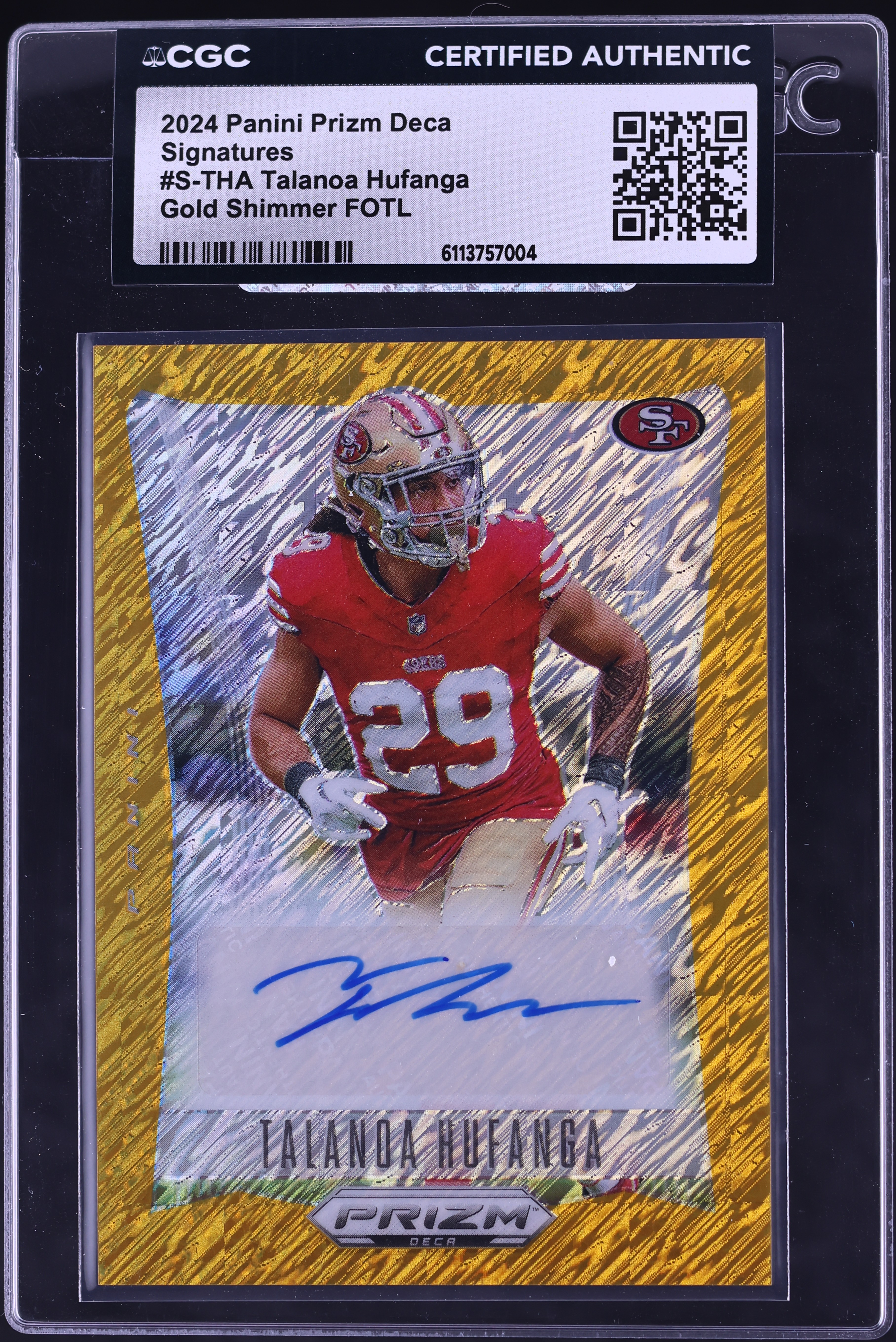 2024 Panini Prizm Deca Gold Shimmer FOTL Talanoa Hufanga AUTO 1/10