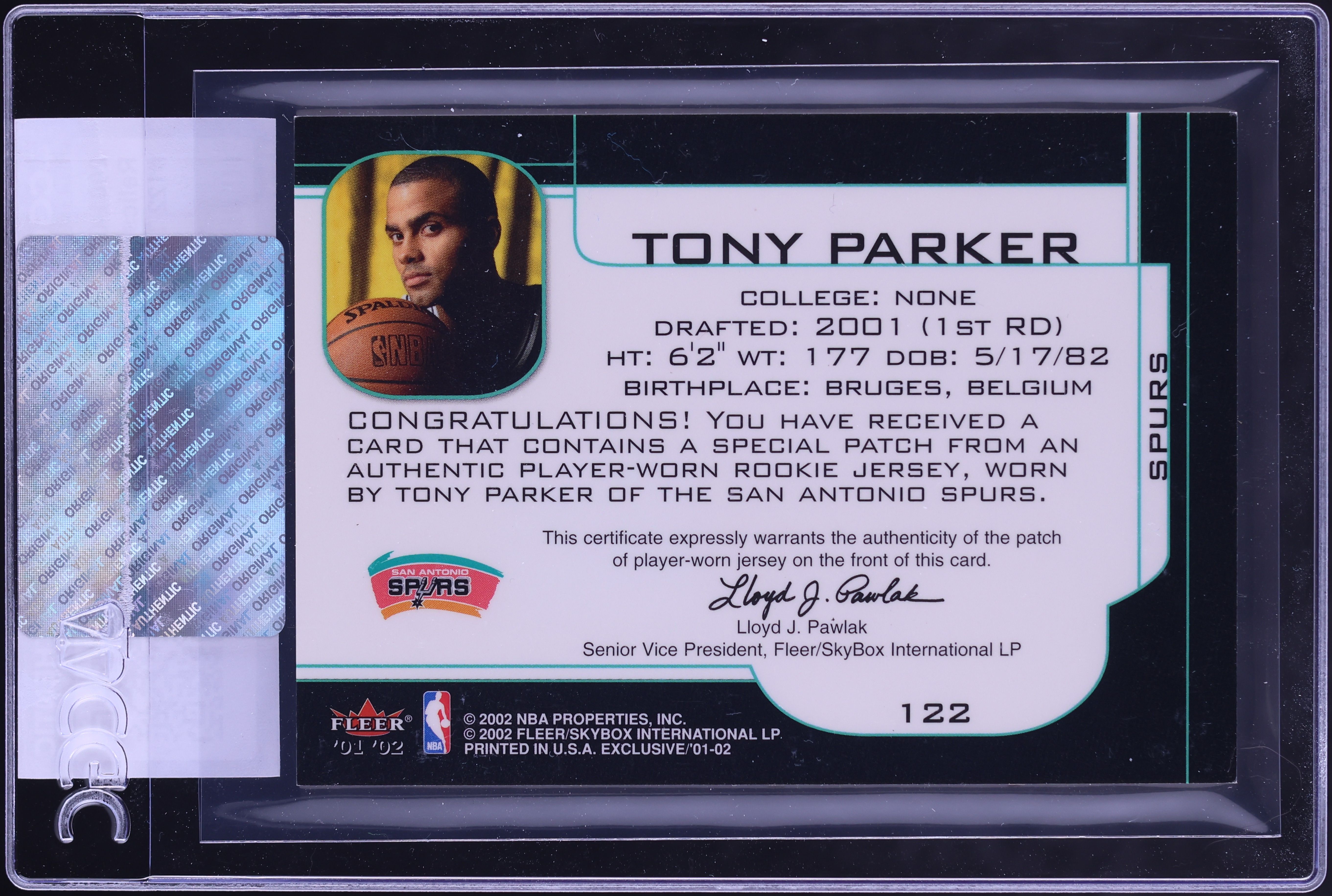 2001 Fleer Exclusive Tony Parker ROOKIE PATCH #122 CGC AUTH on 
