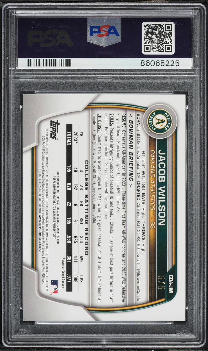 2023 Bowman Chrome Draft Red Lava Jacob Wilson PROSPECT AUTO 5/5 #CDA-JWI PSA 9 MINT