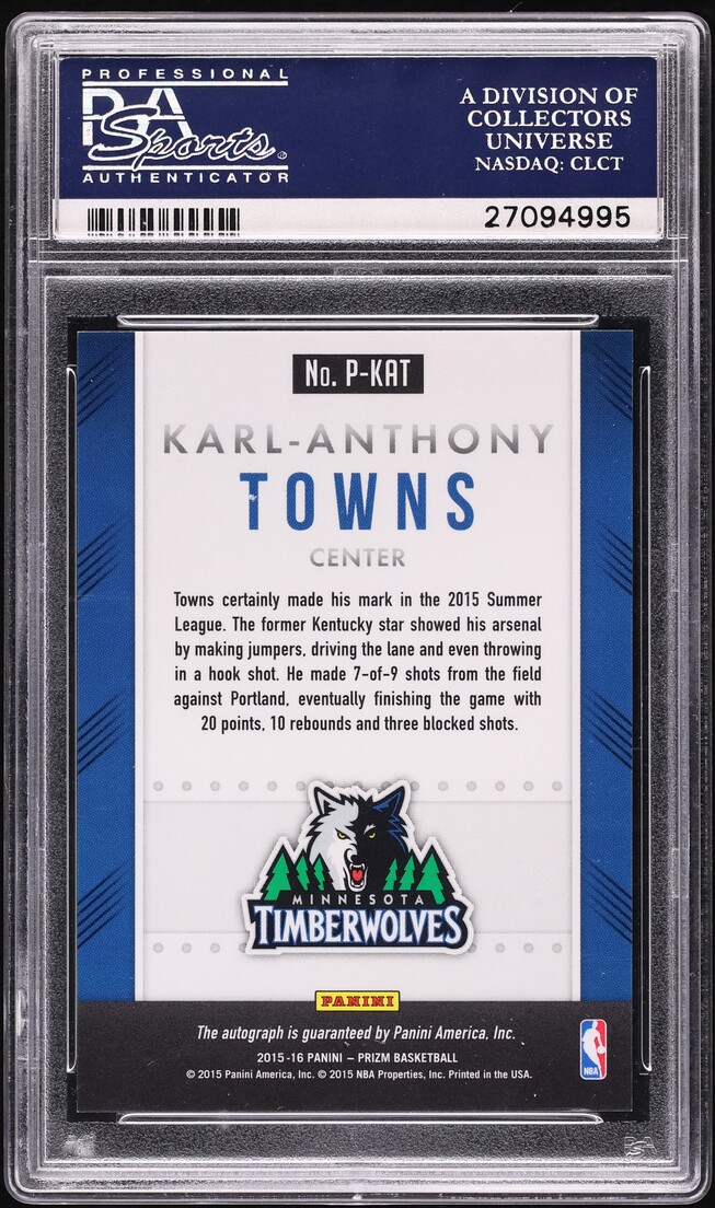 2015 Panini Prizm Karl-Anthony Towns ROOKIE AUTO #P-KAT PSA 10 GEM MINT