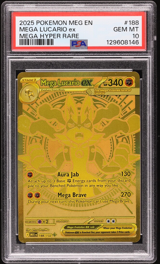 2025 Pokemon Mega Evolution Gold Rare Mega Lucario ex #188 PSA 10 GEM MINT