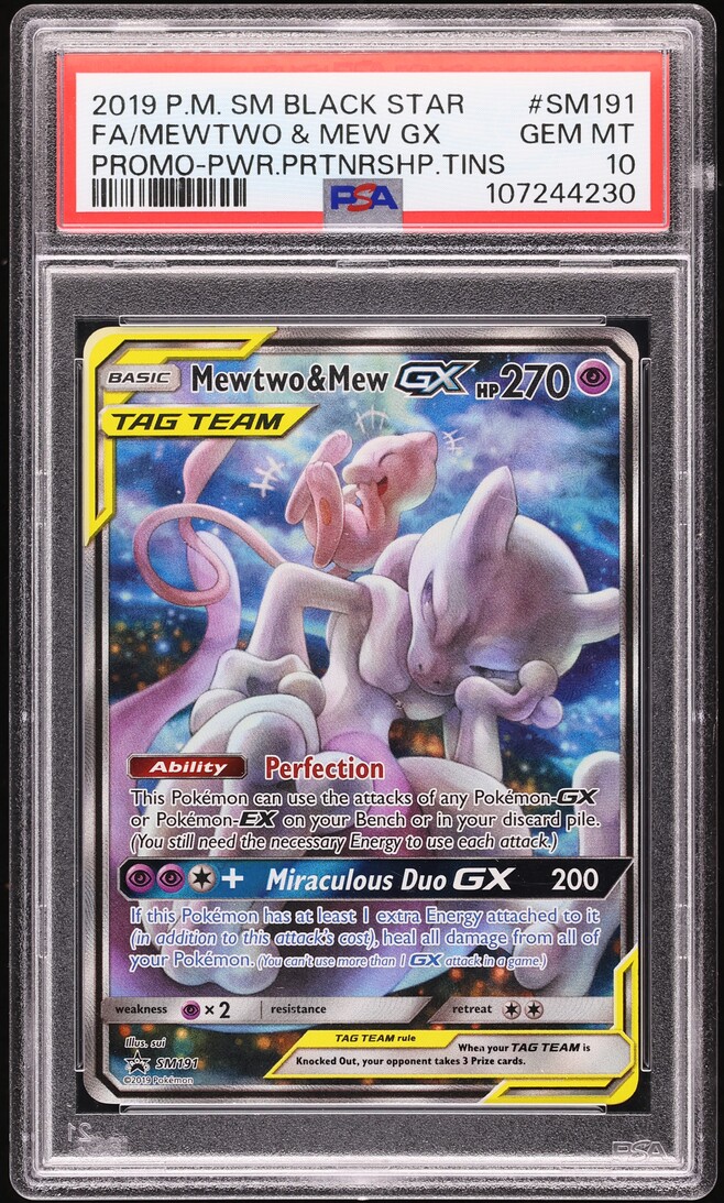 2019 Pokemon Sun & Moon Promo Power Partnership Tins Full Art Mewtwo & Mew GX #SM191 PSA 10 GEM