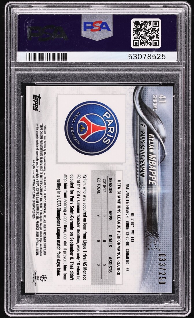 2017 Topps Chrome UEFA Purple Refractor Kylian Mbappe ROOKIE /250 #41 PSA 10 GEM