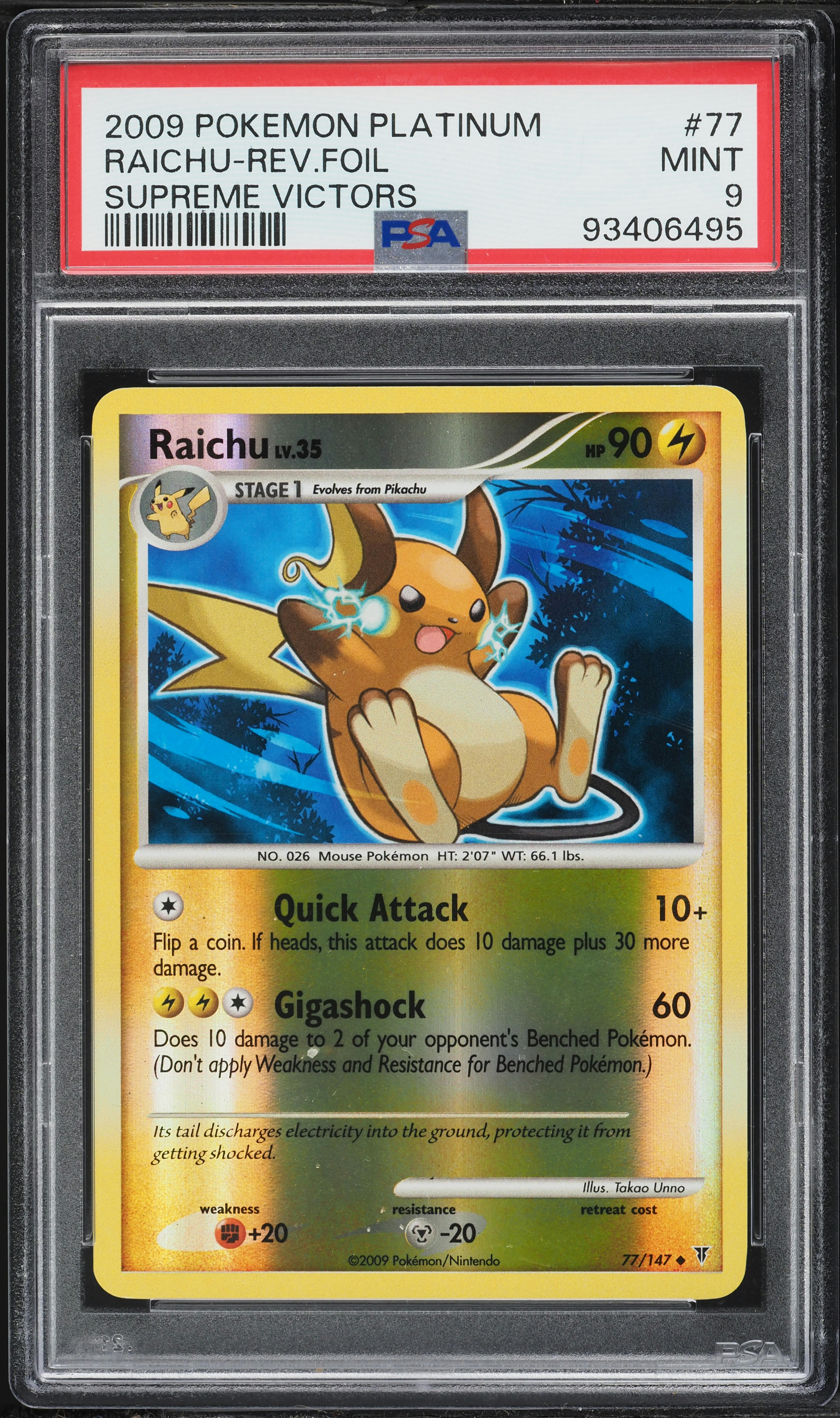 2009 Pokemon Platinum Supreme Victors Reverse Holo Raichu #77 PSA