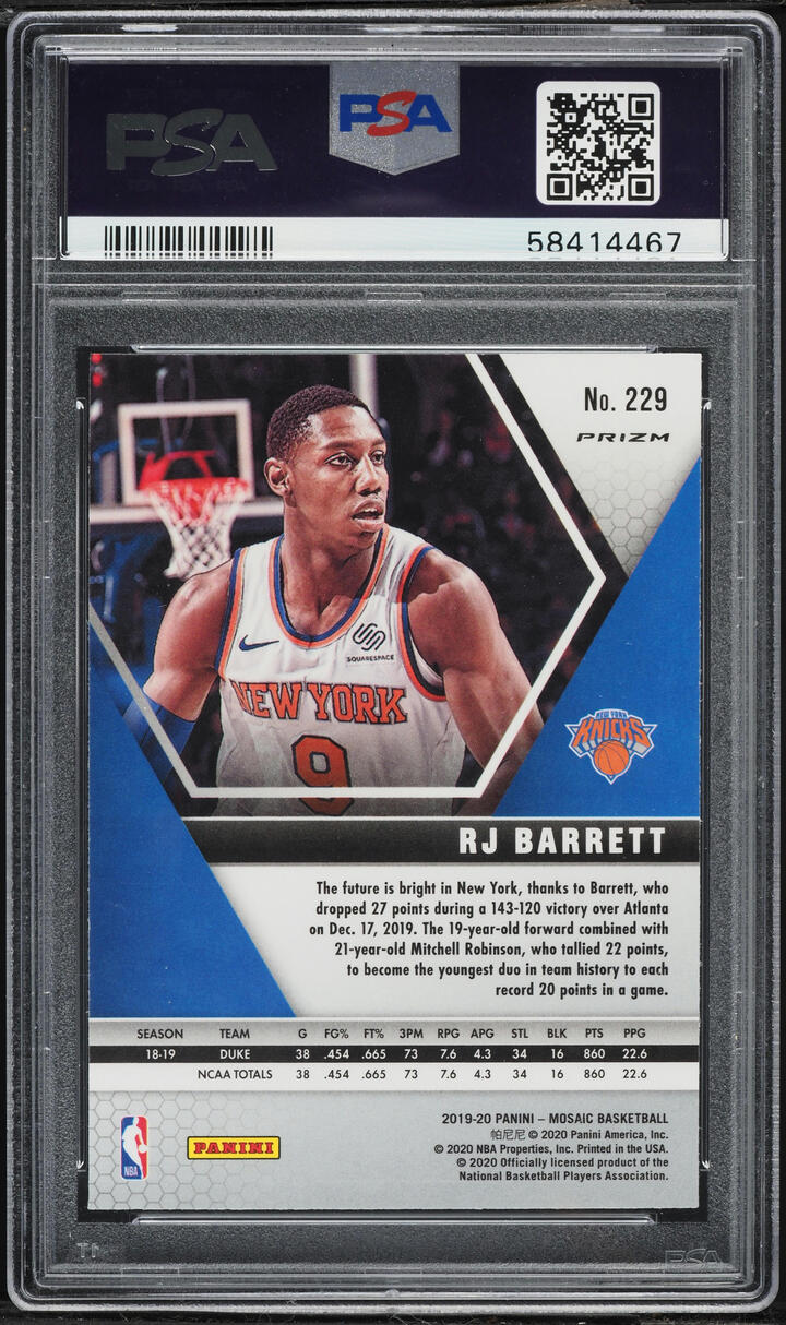 2019 Panini Mosaic Reactive Blue RJ Barrett ROOKIE #229 PSA 10 GEM