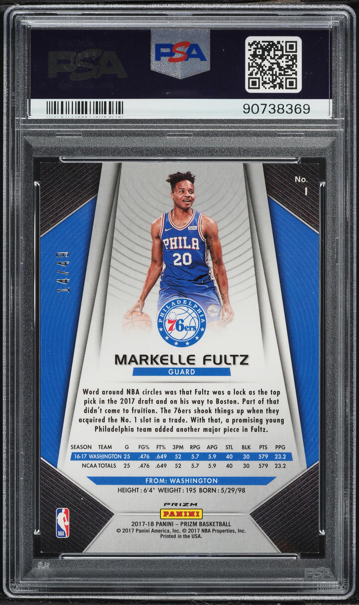 2017 Panini Prizm Orange Markelle Fultz ROOKIE /49 #1 PSA 10 GEM MINT