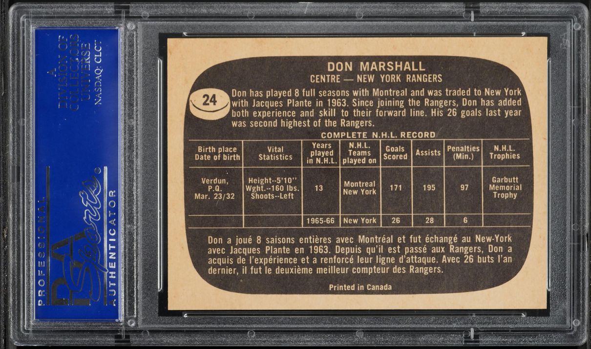 1966 Topps Hockey Don Marshall #24 PSA 8 NM-MT
