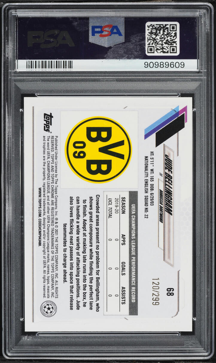 2020 Topps Chrome UEFA Yellow Mini Diamond Refractor Jude Bellingham ROOKIE /299 PSA 9 MINT