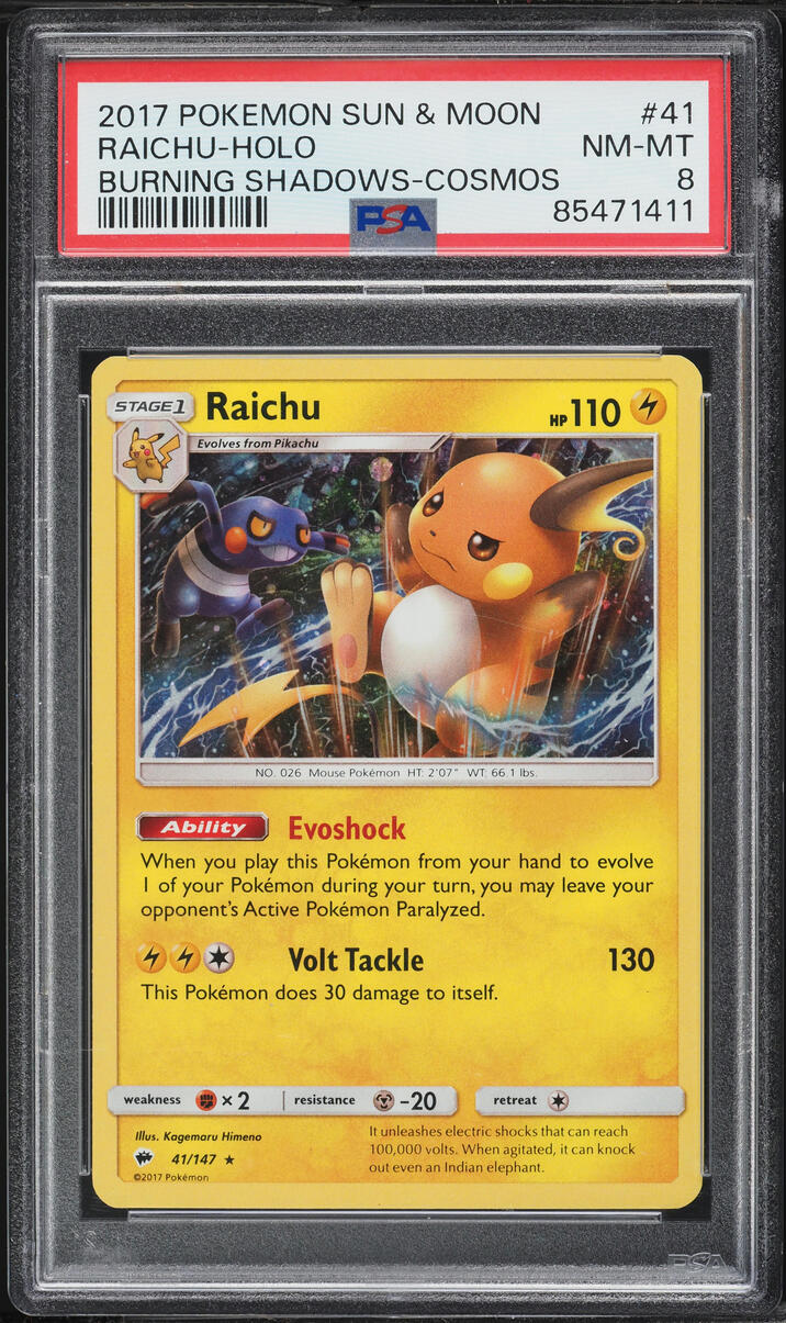 2017 Pokemon Sun & Moon Burning Shadows Cosmos Holo Raichu #41 PSA 8 NM-MT