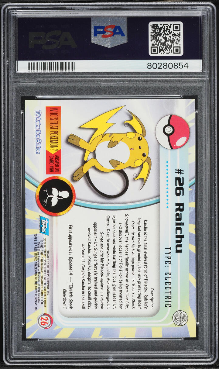 1999 Pokemon Topps TV Holo United Kingdom Raichu #26 PSA 9 MINT