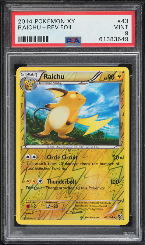 2014 Pokemon XY Reverse Holo Raichu #43 PSA 9 MINT
