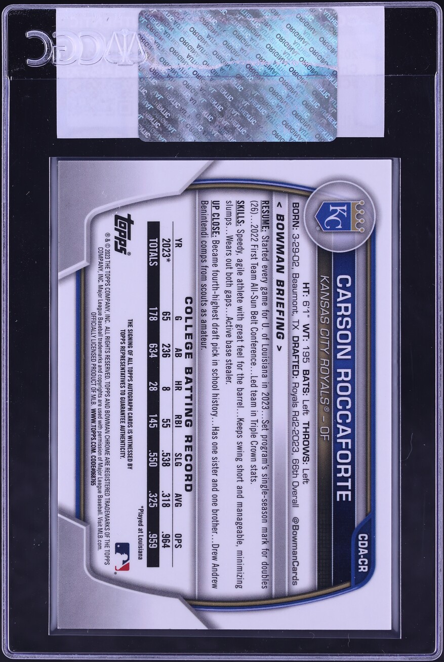 2023 Bowman Chrome Draft Carson Roccaforte PROSPECT AUTO #CDA-CR CGC AUTH