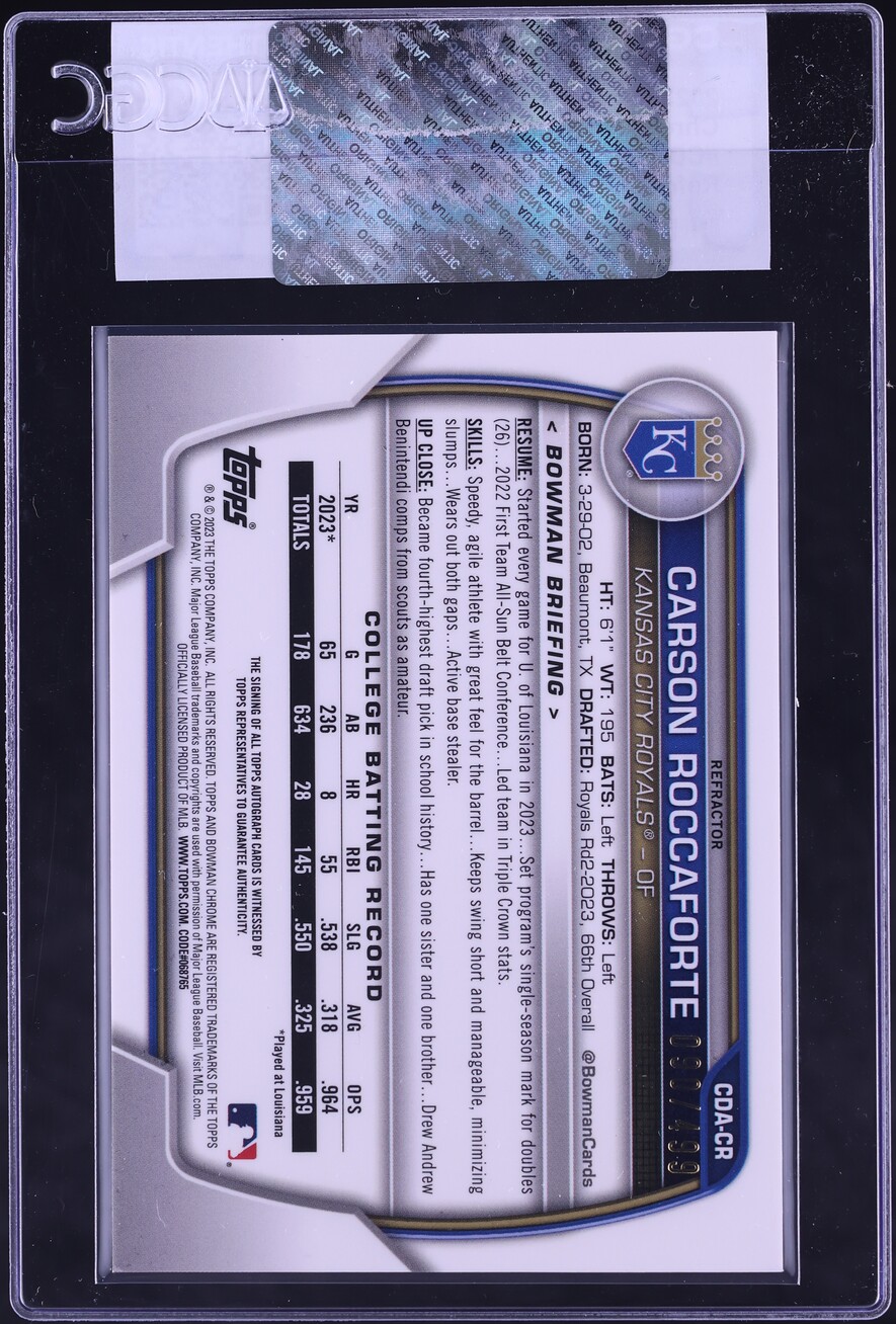 2023 Bowman Chrome Draft Refractor Carson Roccaforte PROSPECT AUTO /499 #CDA-CR CGC AUTH